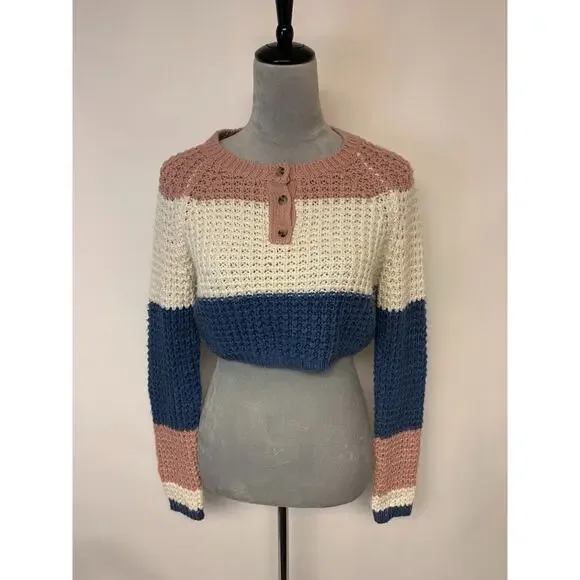 Aeropostale Womens Sweater Size XS Colorblock Open Knit Cropped Twee Schoolgirl - Picture 1 of 10